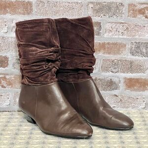 Newport News Purple/Brown Suede/Leather Slouch Boots - pointy toes + kitten heel